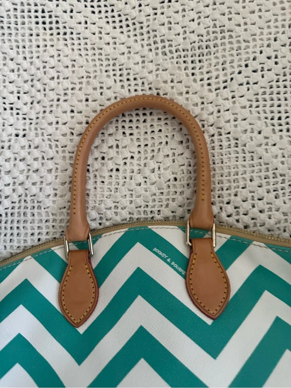 Dooney & Bourke Teal and White Chevron Tote with Tan Leather Trim